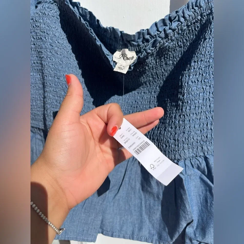 J Crew Chambray Squareneck Smocked Puff Sleeve Top NWT